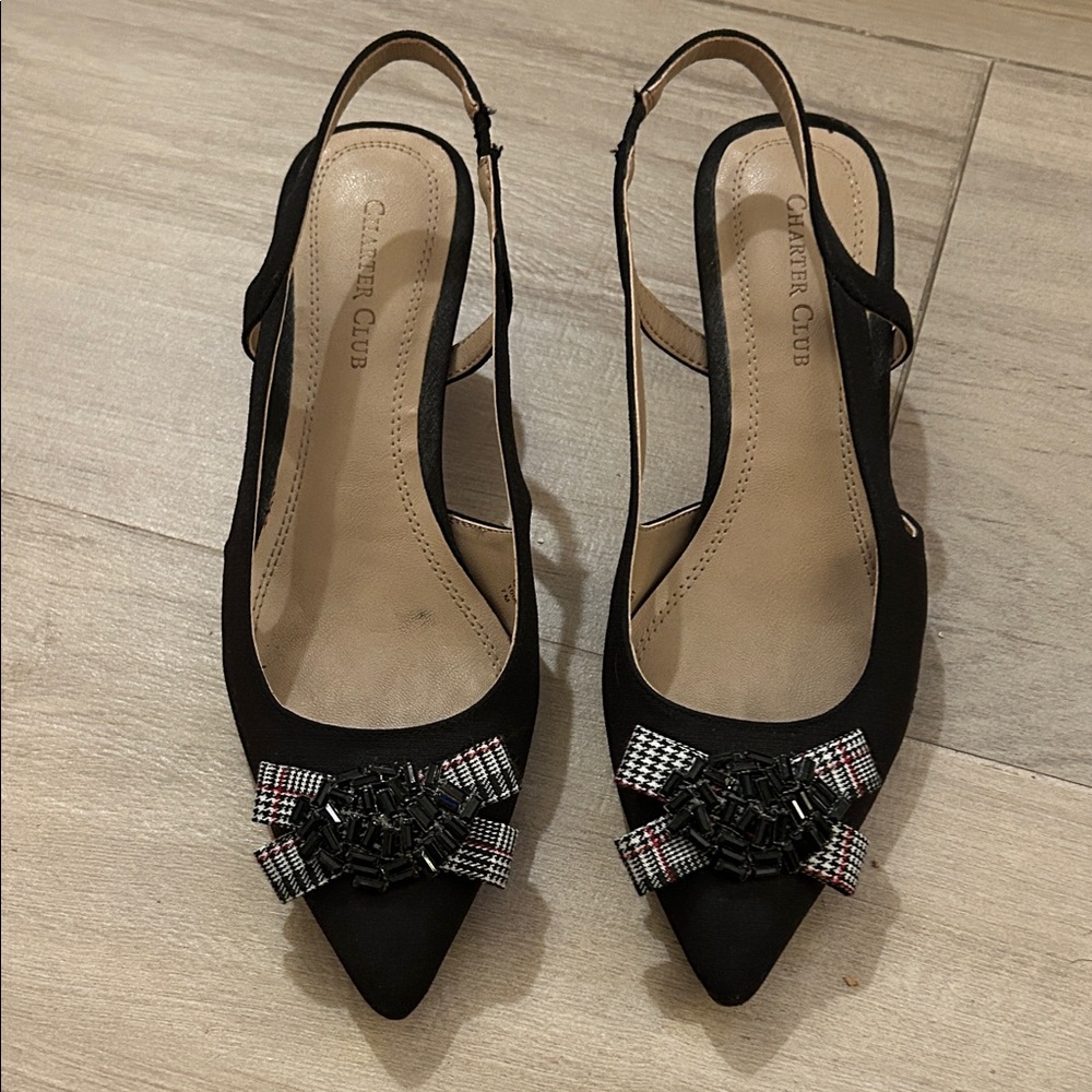 Charter Club Black Heels with Plaid Bow